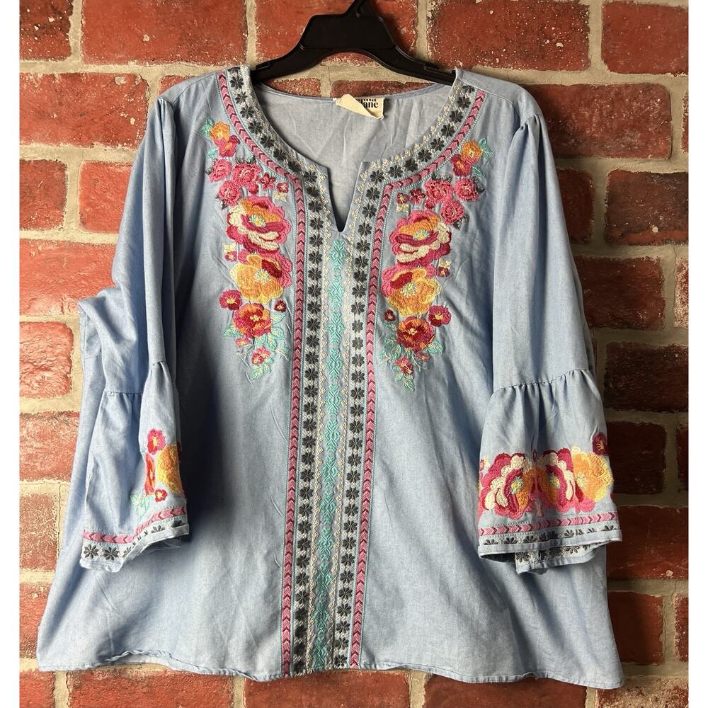 Savanna Jane Floral Tunic Top Embroidered Boho Artsy Festival Colorful Size 3X